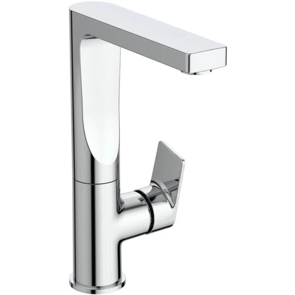 Chromfarbener Wasserhahn von Ideal Standard mit gerade geformtem Auslauf und seitlichem Hebel. Für den typischen Einsatz in Badezimmern oder Küchen.